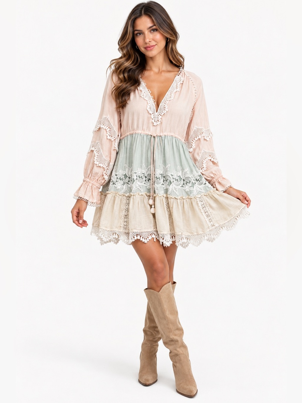 Hemant & Nandita Boho Lace Mini Dress XS Pink Blue Embroidered Tunic